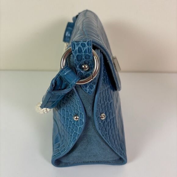 Claudia Firenze Teal Leather Croc-Embossed Handbag Rope Handle Chic Purse Italy - Picture 6 of 16
